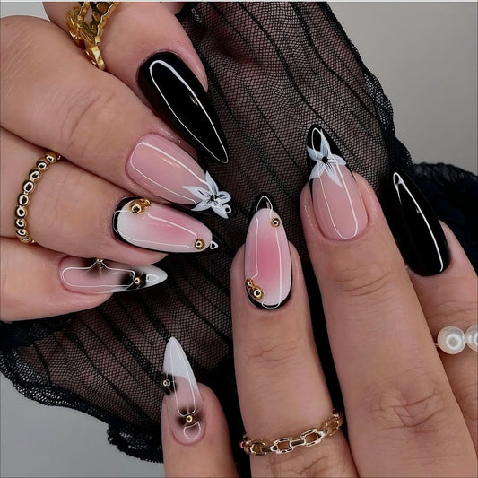 LPOODDNU Black White Press on Nails - Almond Medium French Fake Nails with Flower&Gold Bead Designs, Glossy Finished Reusable False Nails with Glue Tabs - 24Pcs Nail Kit for Women Manicure
