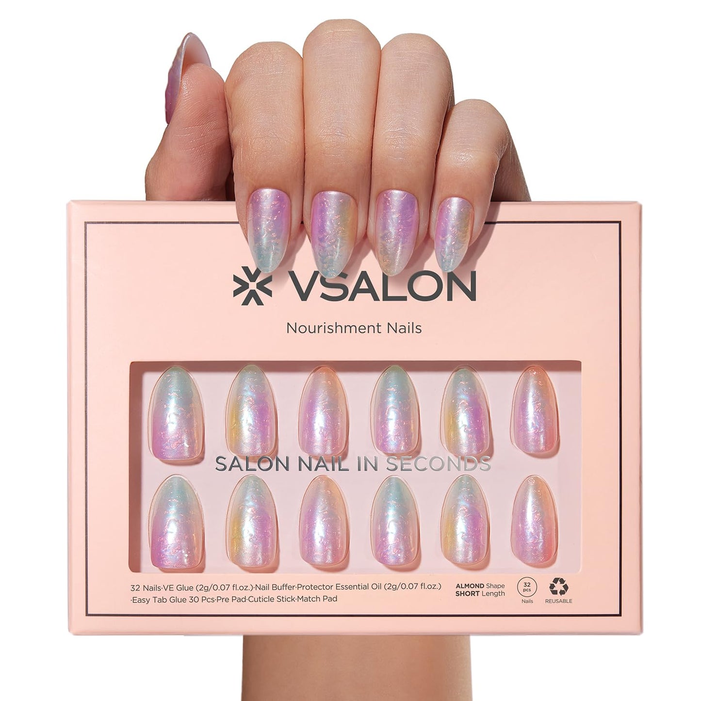 VSALON Press on Nails Medium Almond - Colorful Sfumato Golden Foil Nails Kit for Women, Reusable Spring Summer Opaque Soft Gel Fake Nails with Glue & Cuticle Oil - 32 PCS Glue On Nails in 16 Sizes