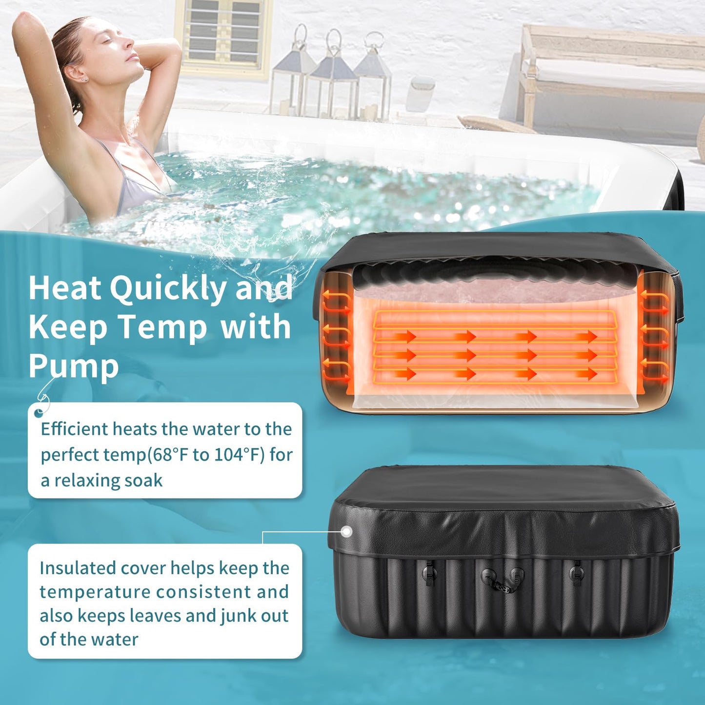 Blow Up Inflatable Hot Tub, 4-6 Person Large Square Portable Hot Tub, Leak-Proof PVC Outdoor Spa with 130 Air Jets, Heater Pump and Insulated Cover, 73” X 73”X 25”