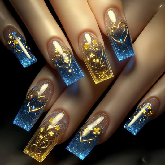 Gold Love Heart Acrylic Nails Blue Gradient Valentine's Press on Nails Square Golden Flowers and Heart Pattern Design Valentine's Nails Artificial Coffin Nails Glossy Glue on Nails for Women
