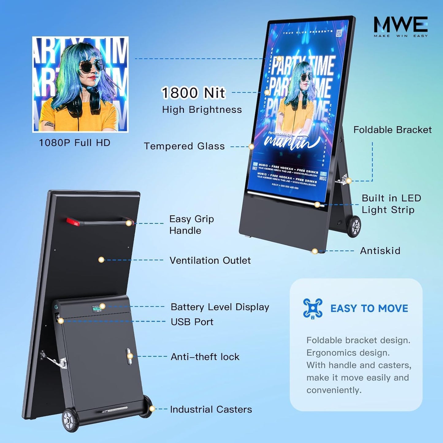 QIXZOCV MWE 43 Inch Outdoor Digital Signage Display, Portable Battery Powered High Brightness Screen Advertising Display Kiosk, Movable Waterproof Standing Poster, Android OS
