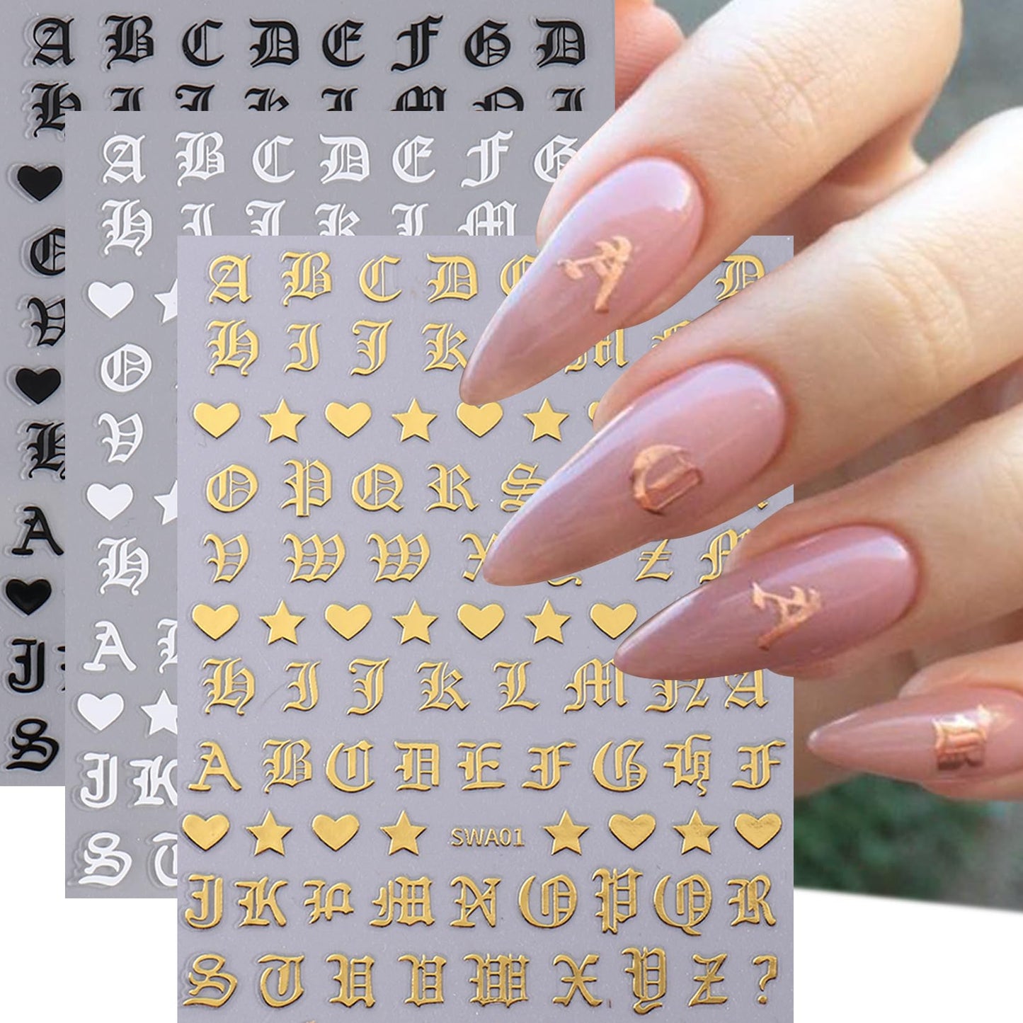 Letters Nail Art Stickers Decals 12 Sheets Alphabet Initial Nail Decals 3D Self-Adhesive White Black Gold Old English Gothic Letter Sticker for Nails Art Women DIY Manicure Decoration Accessories