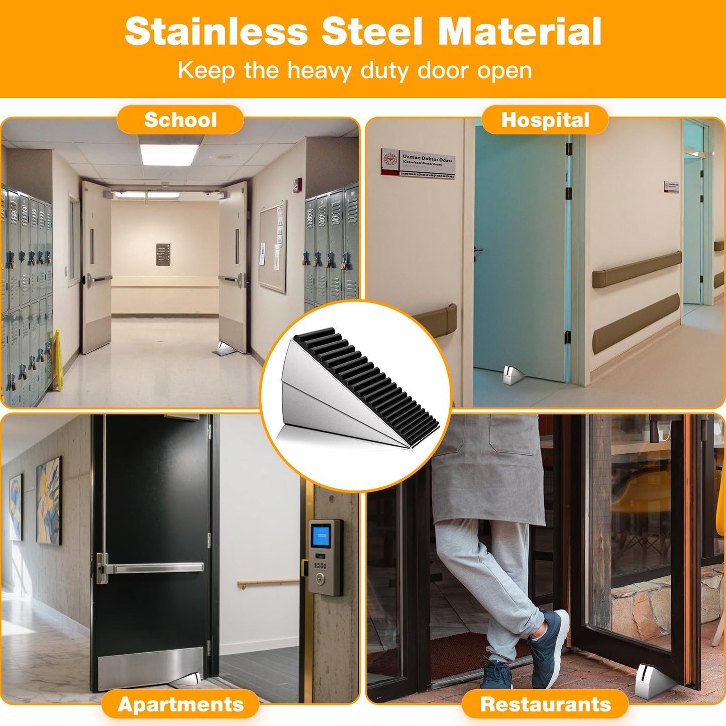 BINFEW 4 Pack Heavy Duty Metal Door Stop, Strongest Large Adjustable Spring Door Stopper Up to 3 inch Tall, Door Stoppers for Bottom of Door, Silver Rubber Door Wedge for Any Heavy Doors