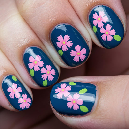 Short Square Press On Nails Spring Fake Nails With Pink Flower Design Blue False Nails Full Cover Artificial Reusable Cute Glue On Nail Acrylic Glossy Spring Stick On Nail For Women 24pcs