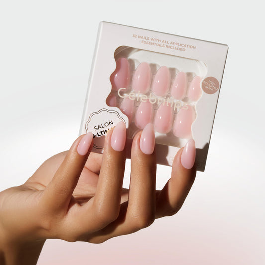 Celebritips Press On Nails - Salon U-ltimate™ | Clean Pink, Short Almond Nails, Reusable | 16 sizes - 32 Nails Kit with Glue and Sticky Tabs