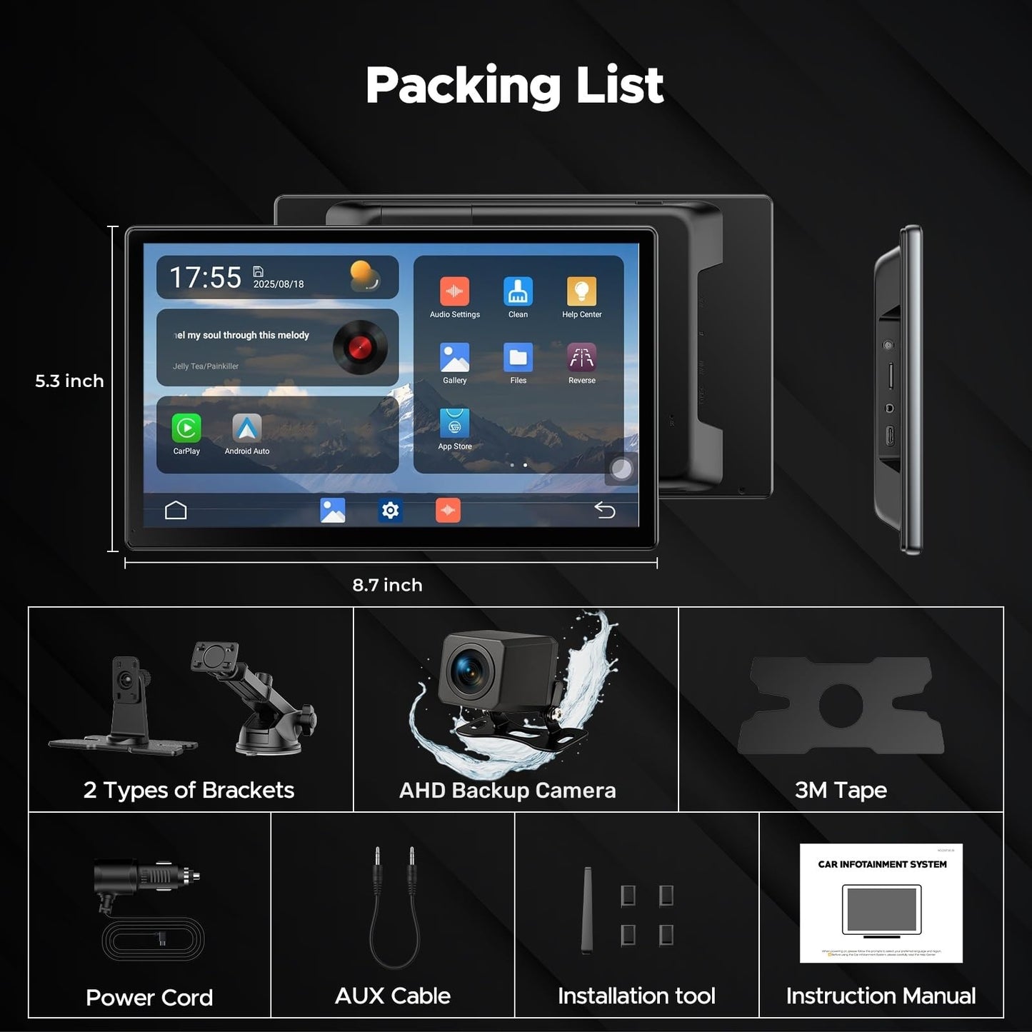 Volam 9'' Carplay Screen with Net-Flix YouTube and AHD Backup Camera Upgraded Wireless Android Auto Screen Portable AI Magic Video Box Built-in Apps Voice Control Car GPS for iOS 10+ Android 11+