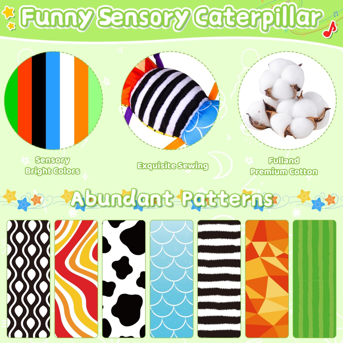 Vpkefla Baby Toys 0 to 12 Months, Stuffed Animal Infant Tummy Time Toys Sensory Toys with Crinkle, Rattles, Textures and Mirror Gifts for Newborn Boy Girls Toddlers, Caterpillar Musical Toy (Green)