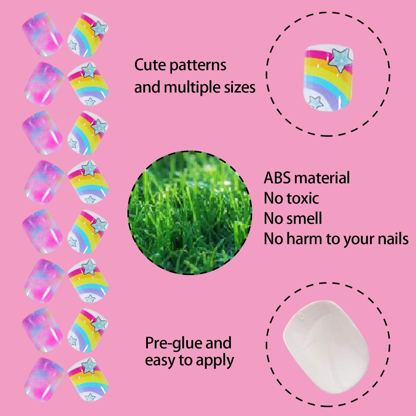 SIUSIO 132 Pcs 6Pack Kids Press on Nails Children Acrylic Fake Nails Cute Pre-glue Full Cover Glitter Gradient Color Rainbow Short Stick On False Nail Art Kits Set for Kids Little Girls - Spendid Pony