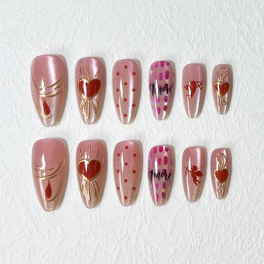 24Pcs Valentines Press on Nails Short Almond Fake Nails with Golden Lines Polka Dots Angel Designs Sweet Pink Full Cover Stick on Nail Romantic Heart False Nails for Women Holiday Nail Decorations