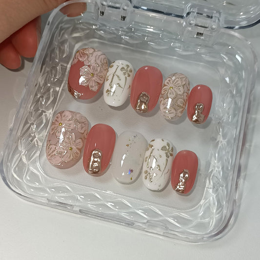 TENPAL Short Oval Press on Nails,Peach Yogurt Base Glue on Nails,Hand-Painted Cloisonné Florals False Nails Press ons,Artisan Chinese Style Fake Nails Kit,Enamel Wire Inlay Nail Art Tools 10pcs(S)