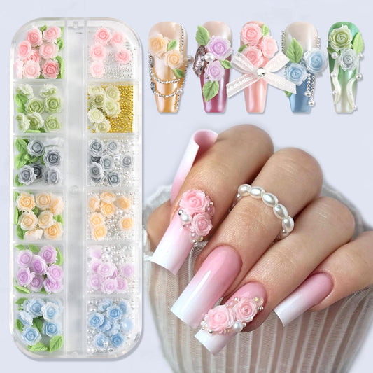 3D Flower Nail Charms, Colorful Acrylic Rose Camellia Flower Spring Blossom Petal with Green Leaves White Pearls Gold Mini Metal Caviar Beads Resin Jewelry for Women DIY Crafts Decorations