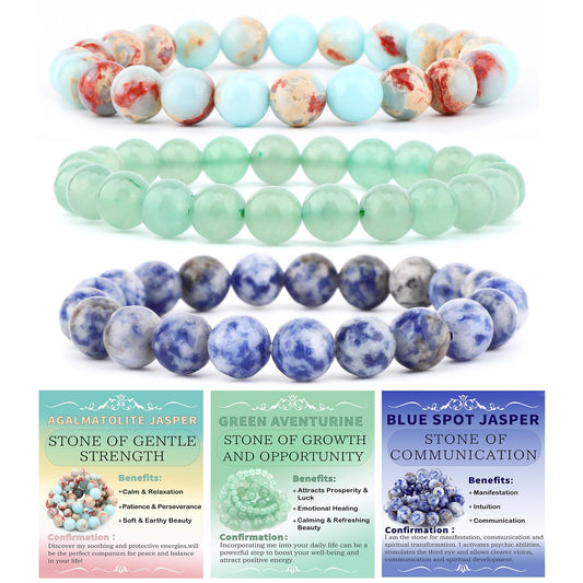 NCB 3-Piece 8mm Natural Crystal Gemstone Stretch Bracelets – ﻿Agalmatolite Jasper, Blue Spot, Green Aventurine Handmade Reiki Energy Healing Jewelry for Meditation,Yoga, Unisex