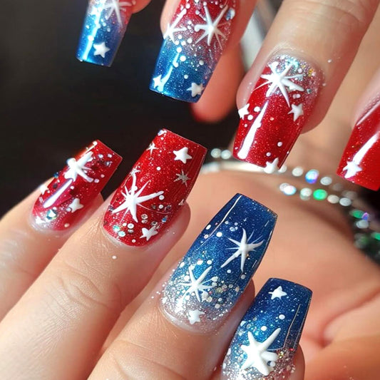 Independence Day Press on Nails Medium Square Fake Nails with Stars Design Red Blue False Nails 4th of July Patriotic Nails Full Cover Glue on Nails Acrylic Stick on Nails for Women 24Pcs