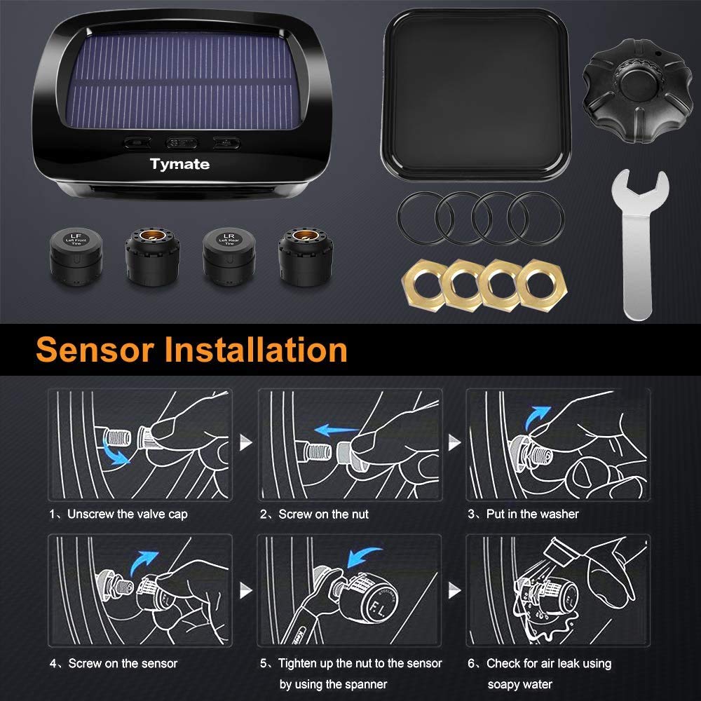 Tymate RV Tire Pressure Monitoring System - M12-3 Tire Pressure Monitor System (0-87 PSI) with Solar Charge, 5 Alarm Modes, Auto Sleep Mode, LCD Display, RV TPMS with 4 Sensors, Easy to Install