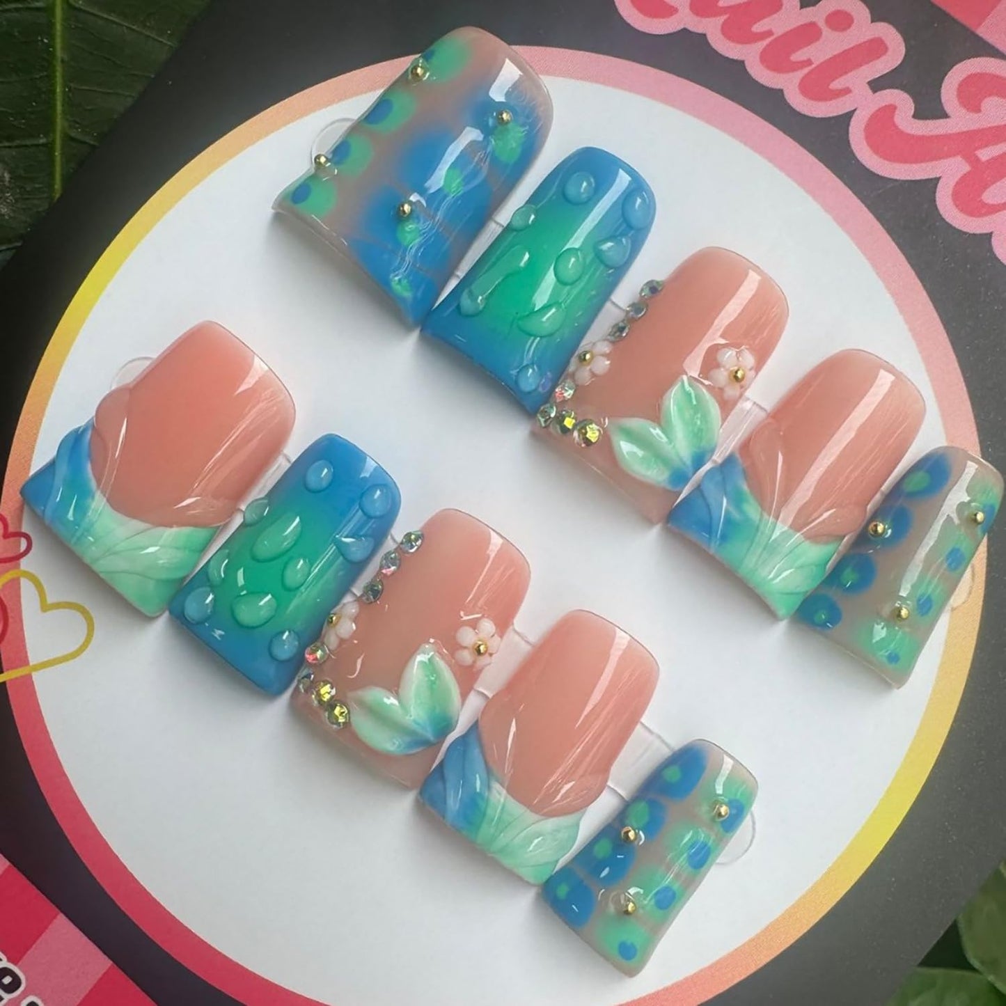 Handmade Duck Press on Nails Medium 3D Flower Rhinestone Designs False Nails with Glue,Droplet Shape Pattern Glossy Flash Gradient Full Cover for Women 10 Pcs Reusable Acrylic Stick on Nails (Size S）
