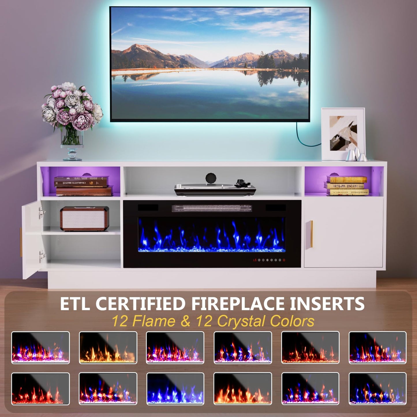 BREEZEHEAT TV Stand with Fireplace-Fireplace TV Stand for 75+ inch TV, LED Entertainment Center for Living Room w/ 36" Fireplace Inserts, TV Console with Cabinet, Power Outlets, Remote Control,White