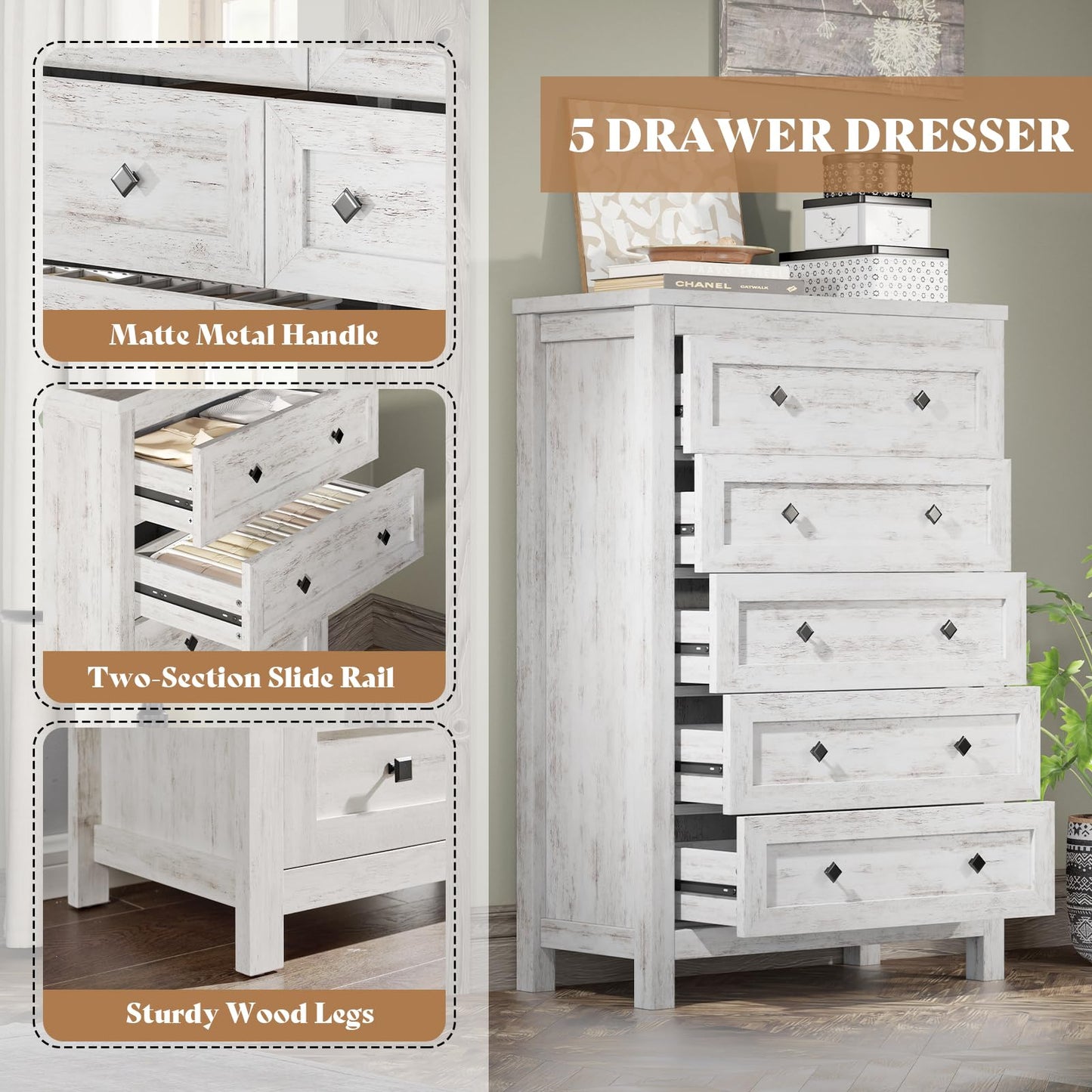 AMERLIFE Farmhouse 5 Drawers Dresser for Bedroom, Wood 47" Tall Dresser for Closet, Natural Texture Chest of Drawers for Bedroom, Living Room, Hallway and Entryway, Distressed White