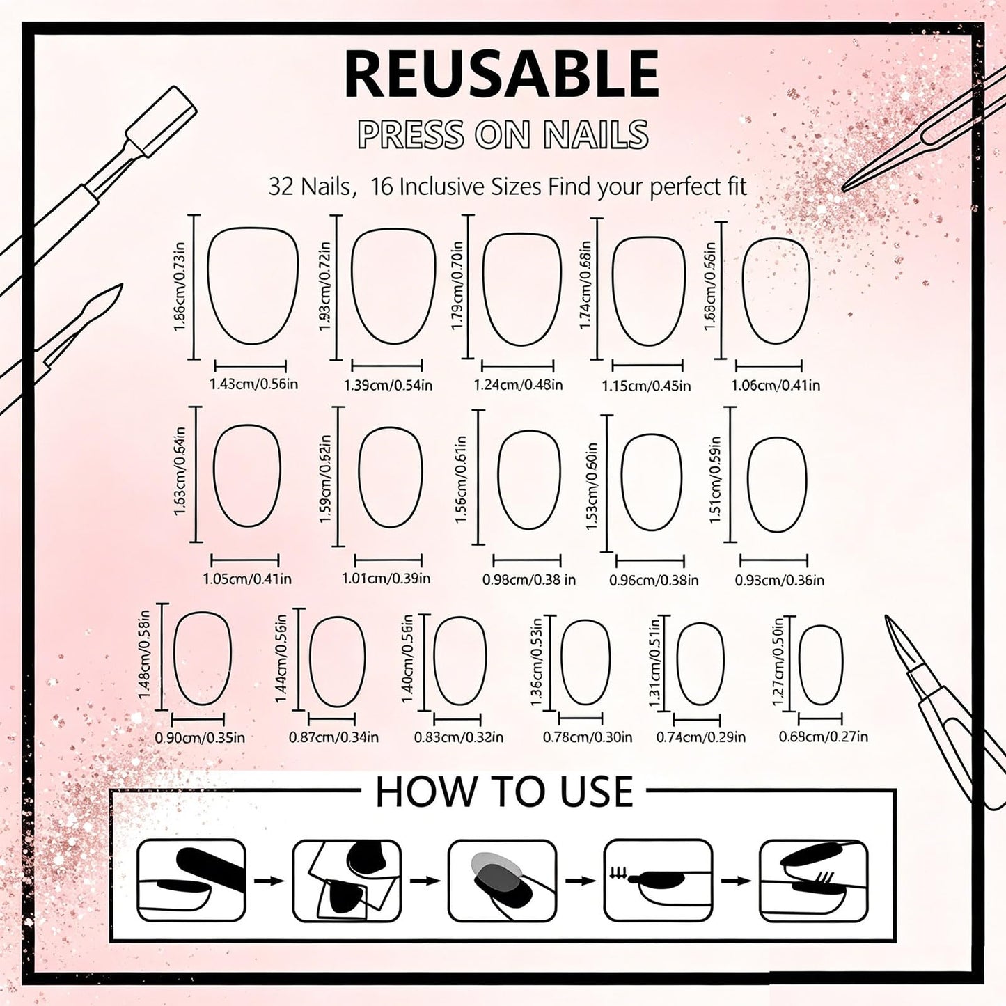 Press on Nails With Chrome Design, Glossy Nude Pink Fake Nail, Short Oval False Nails Mirror Glue on Nail, Natural Stick on Reusable Acrylic Fingernails for Women Daily Wear