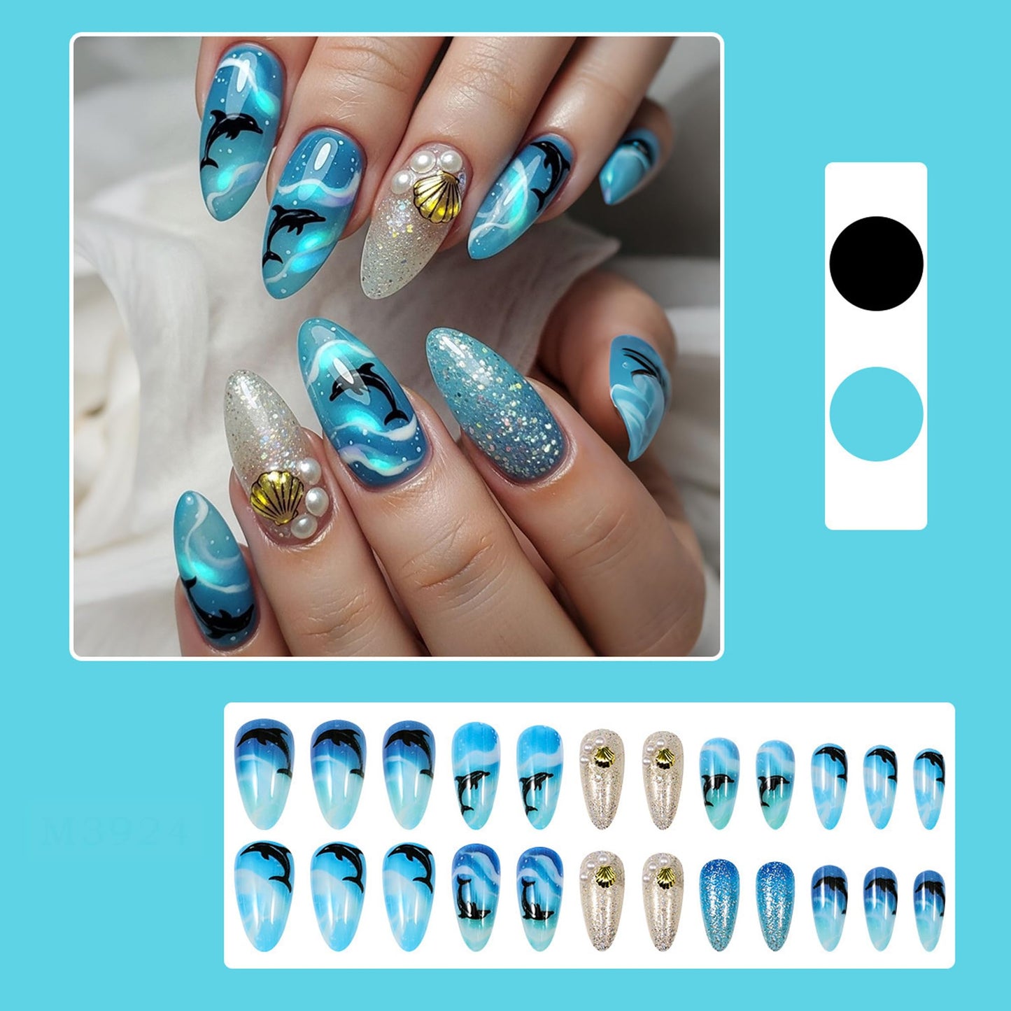 24Pcs Ocean Theme Press on Nails Medium Almond Fake Nails Ocean Blue Gradient with Dolphin & Wave Design Silver Glitter 3D Gold Shell & Pearl False Nails Acrylic Full Cover Stick on Nails for Women