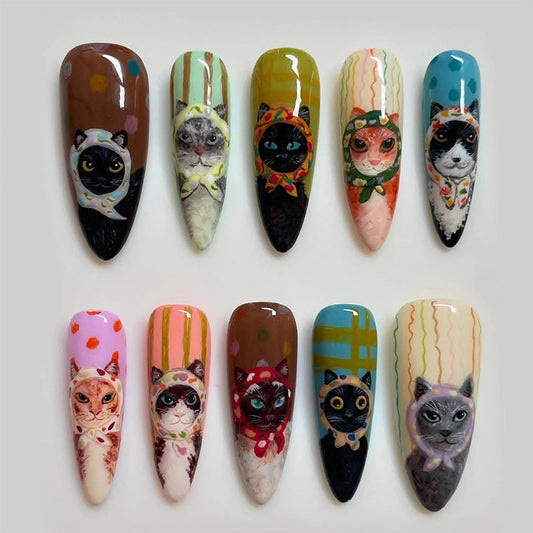 MISUD Press on Nails - Long Stiletto Fake Nails with Cute Acrylic Cartoon Cat Design 30 pcs