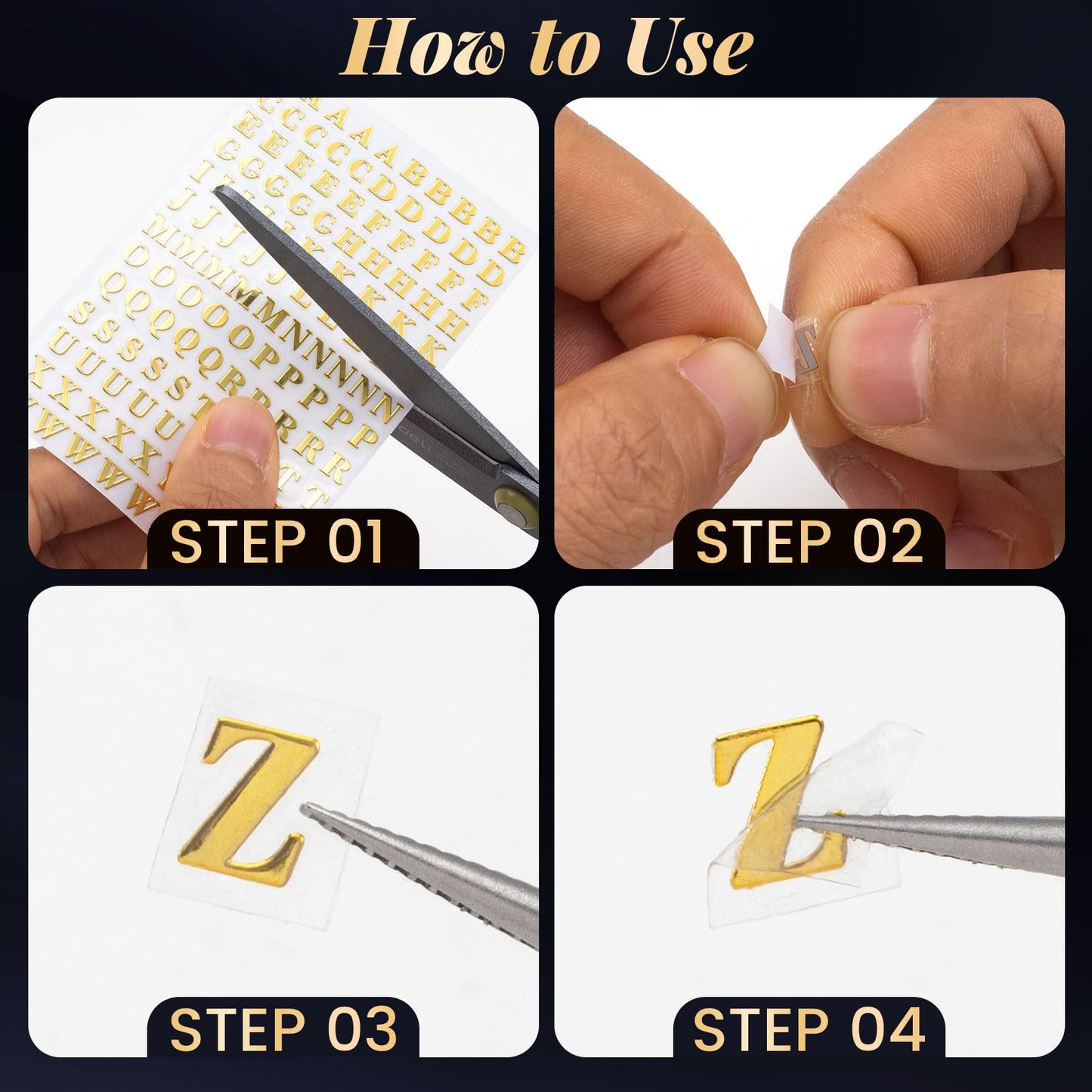 OIIKI 640pcs Small Metal Letter Number Stickers, 3D Self-Adhesive Mini Letter Stickers, 4.5mm Glitter Alphabet Number Decals Decoration Supplies for Scrapbook Nail Keyboard DIY Crafts- Gold