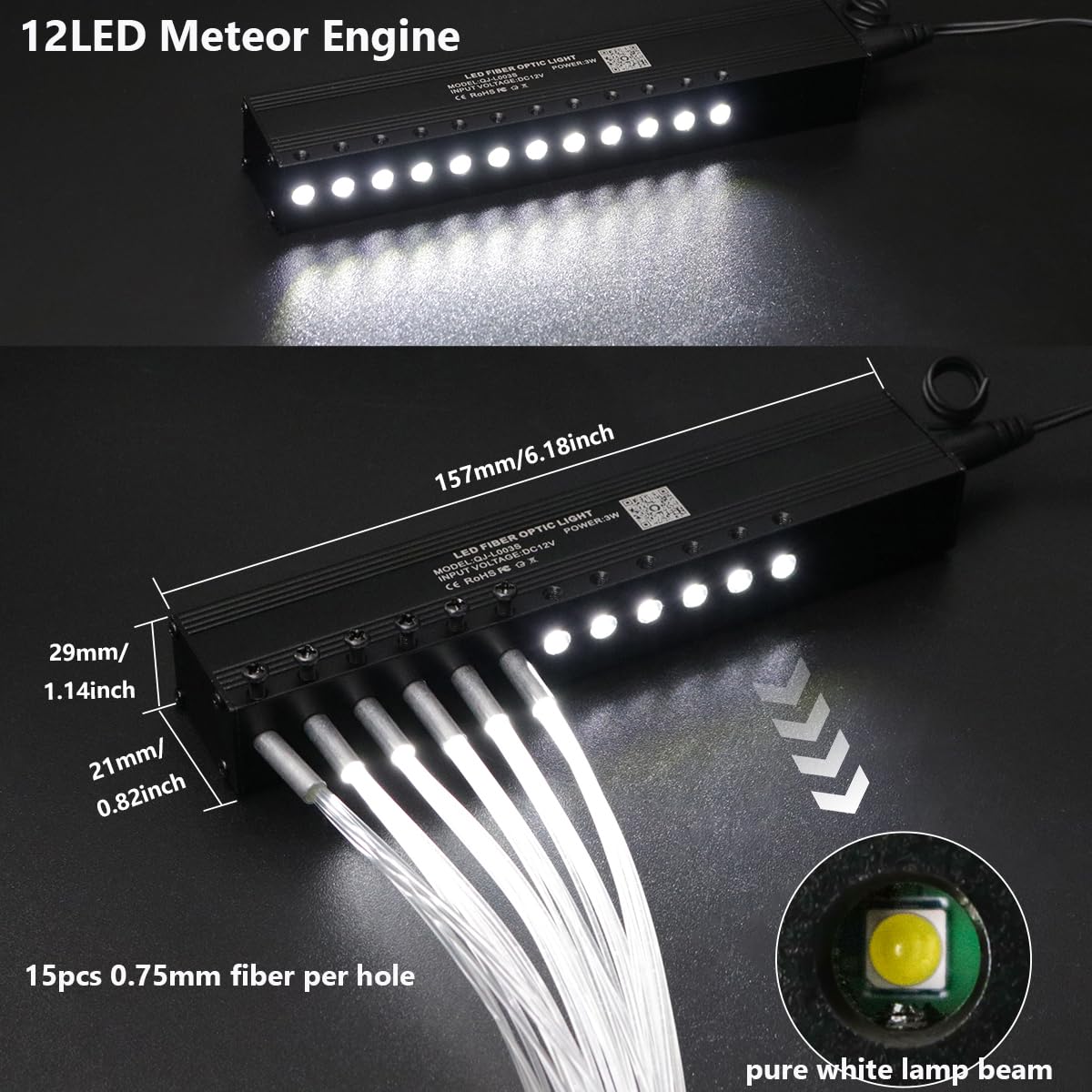 AZIMOM Mini 6W Twinkle 550pcs0.03in 9.8ft Fiber Optic Starlight Headliner+180pcs Fiber Pure White Meteor Shooting Star for Car Home, End Glow Fiber Strands Sound-Activated APP& Remote Control
