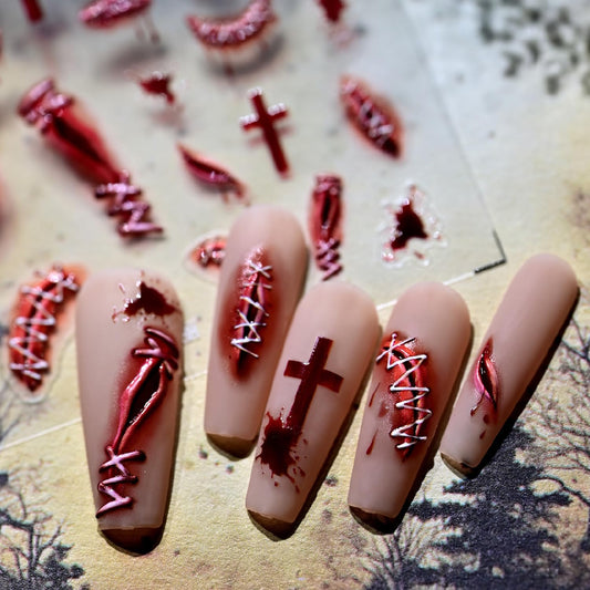 1Sheet Blood Scar Nail Art Stickers Decals 5D Embossed Horror Halloween Nail Stickers Self-Adhesive Wound Designs Nail Decal Bloody Scars Nail Sticker for Women DIY Manicure Decoration Supplies