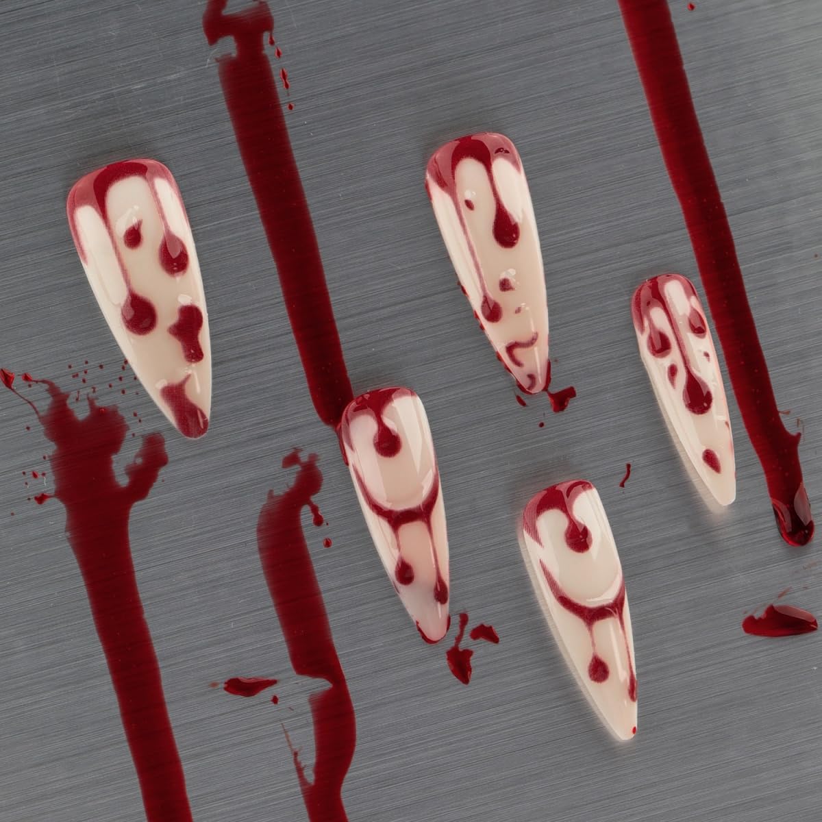 Halloween Press on Nails Long Almond Fake Nails Blood Design Stick on Nails Glossy Stiletto False Nails Artificial Reusable Full Cover Acrylic Glue on Nail for Women Nail Art Decoration 24Pcs