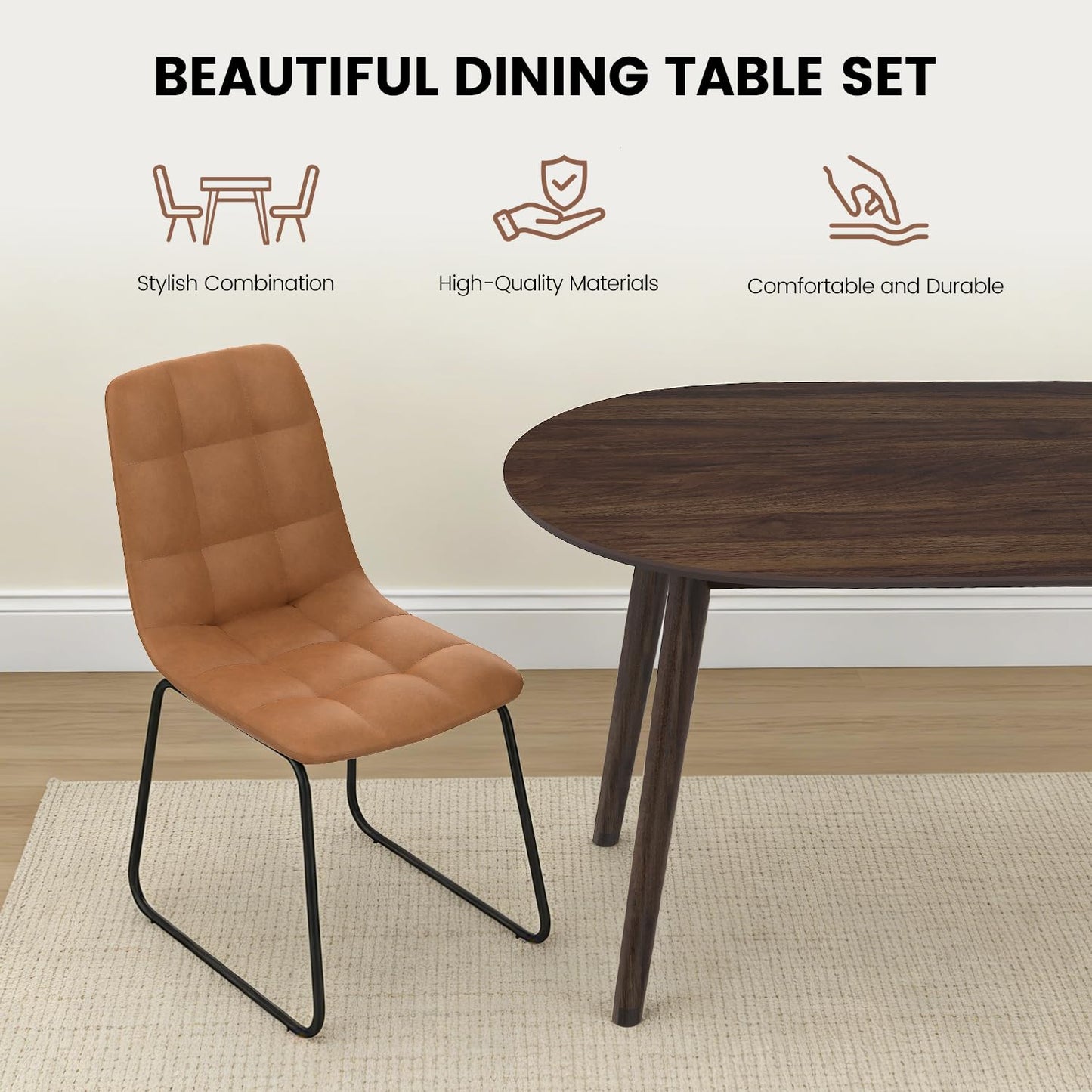 63" Oval Dining Table Set for 6, 7 Piece Modern Dining Table Set for Kitchen and Dining Room, Solid Wood Legs Dining Table with 6 Checkered PU Leather Dining Chairs（Walnut Table+6 Brown Chairs)