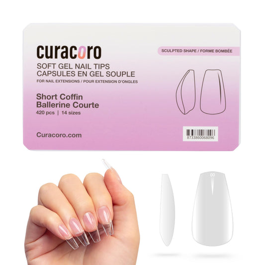 Curacoro Sculpted Short Coffin Gel Nail Tips 420Pcs, Clear Full Cover Soft Acrylic Tips 14 Sizes, Easy to Use, Long-Lasting, Glossy Finish