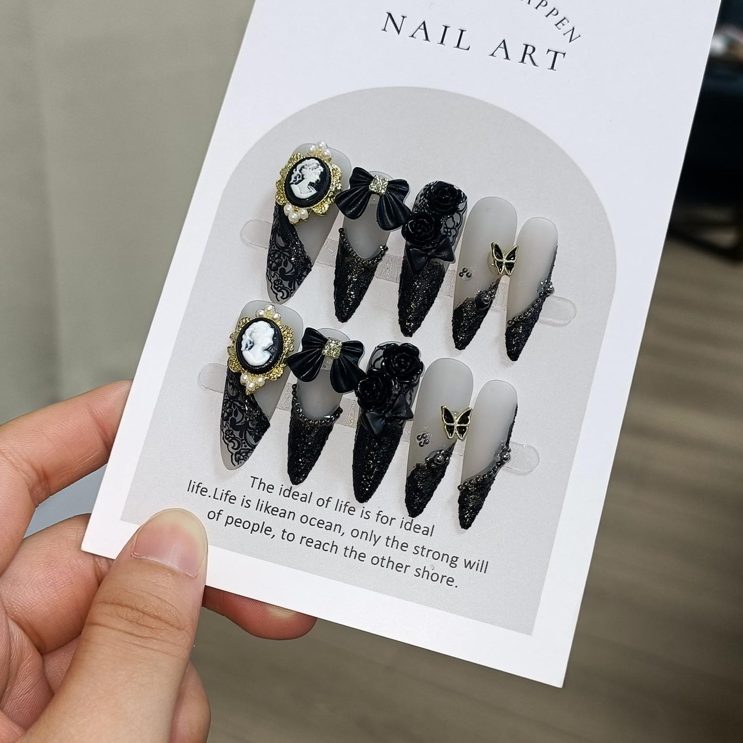 TENPAL 10Pcs Gothic Press On Nails Long Stiletto,Baroque Cameo & Floral Lace French Tip Glue on Nails with 3D Charms,Victorian Gothic Nails w/Tools,Glossy Dark Romantic Fake Nails for Party Event(XS)