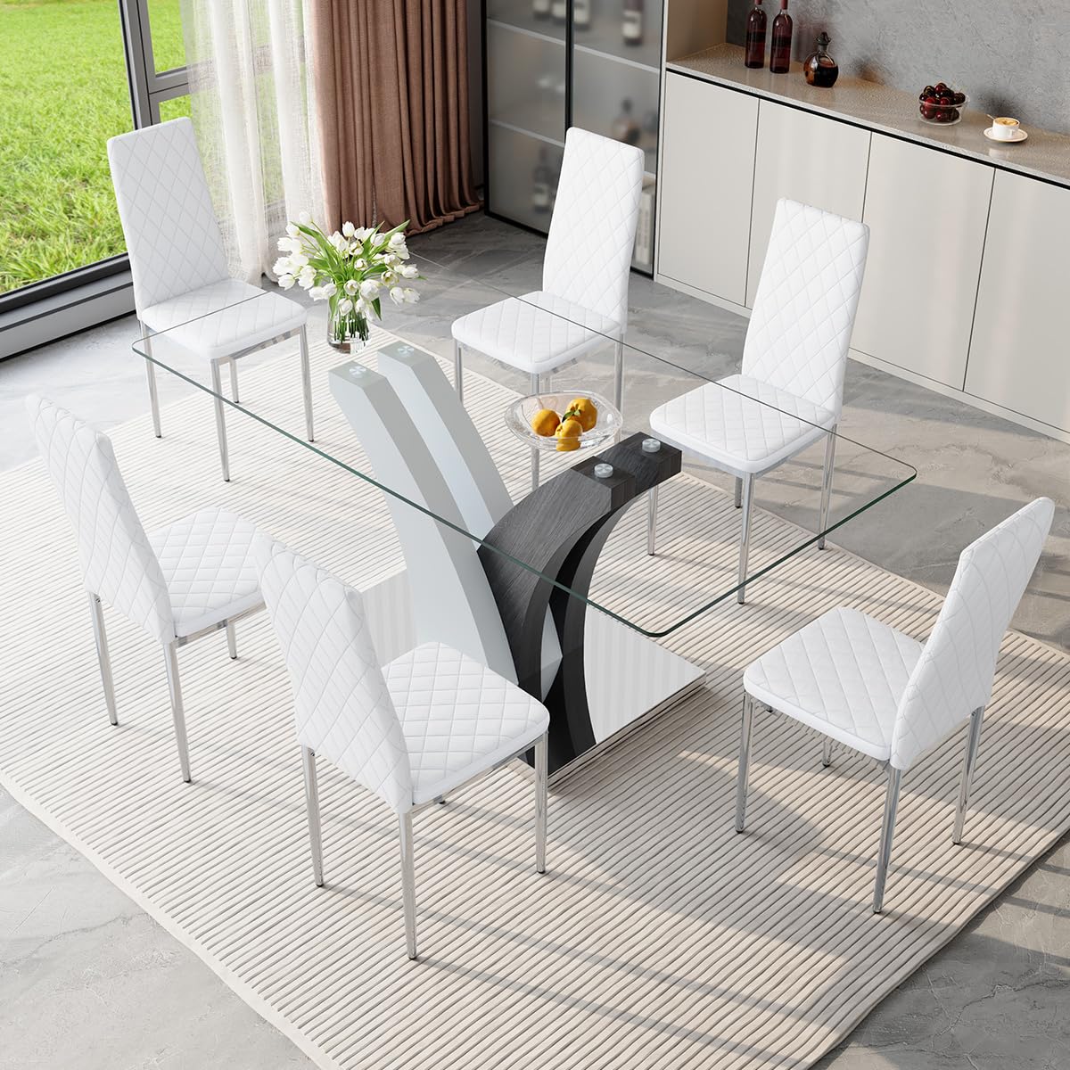 JEARGE Glass Dining Table Set for 6, 7 Piece Dining Room Table Set for 6, 71" Large Kitchen Table Set with Upholstered Chairs, Rectangular Tempered Glass Tabletop with DIY Style Leg