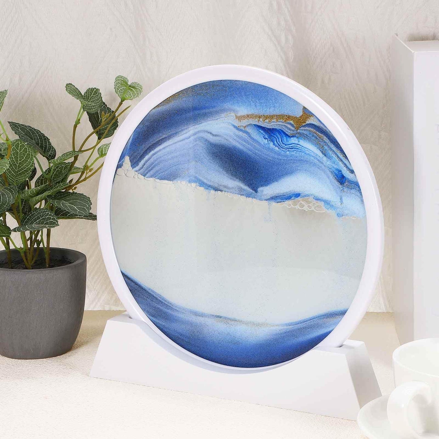 HEARTOOL Moving Sand Art Picture 12" Round Tempered Glass 3D Liquid Motion Deep Sea Flowing Sand Scene with Display Frame Perfect for Desktop & Office & Work Decoration (Blue)