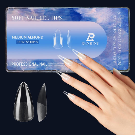 RENBING Gel Nail Tips Medium Almond,600pcs Fake Nails,15 Sizes Acrylic Nail Tips,Half Matte Press on Nail Tips,Full Cover Clear False Nails Gifts for Women Create Salon Nail Art at Home