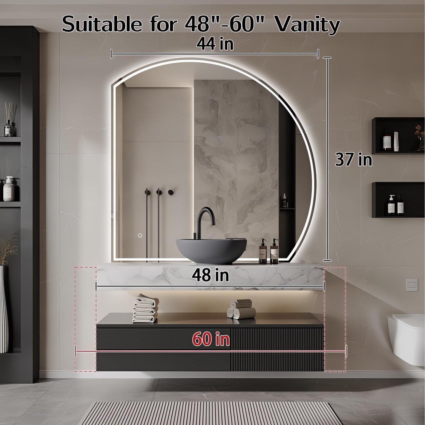Niccy 44" Half Moon LED Mirror for Bathroom, Backlit/Front Lighted, Irregular 1/4 Round Lighted Mirrors with Bedroom Wall-Mirror, Frameless-Mirror for Entryway, Anti-Fog, Dimmable, Makeup-Mirror