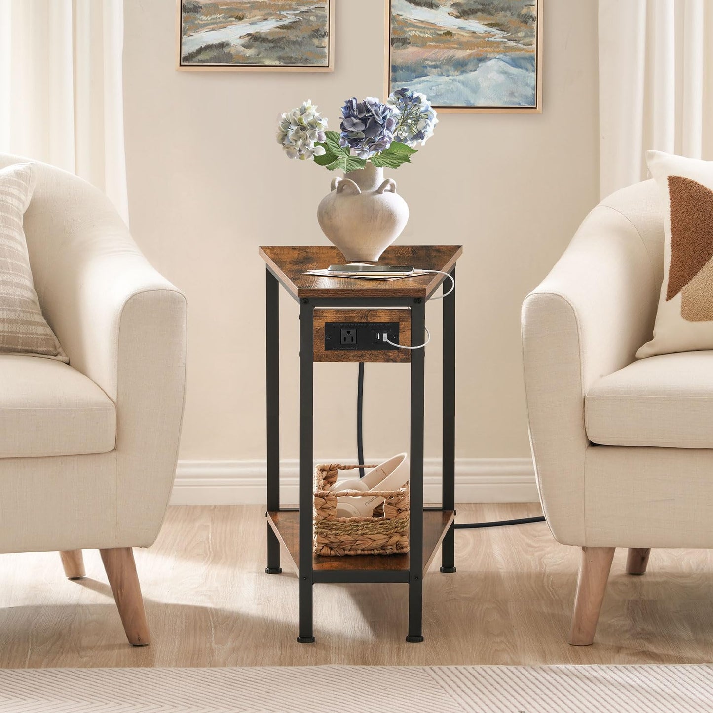 HOOBRO Wedge End Table with Charging Station, Recliner Wedge Side Table with Open Storage Shelves, Industrial Triangle Accent Table for Small Spaces, Corner, Living Room, Rustic Brown BF64UBZ01G1