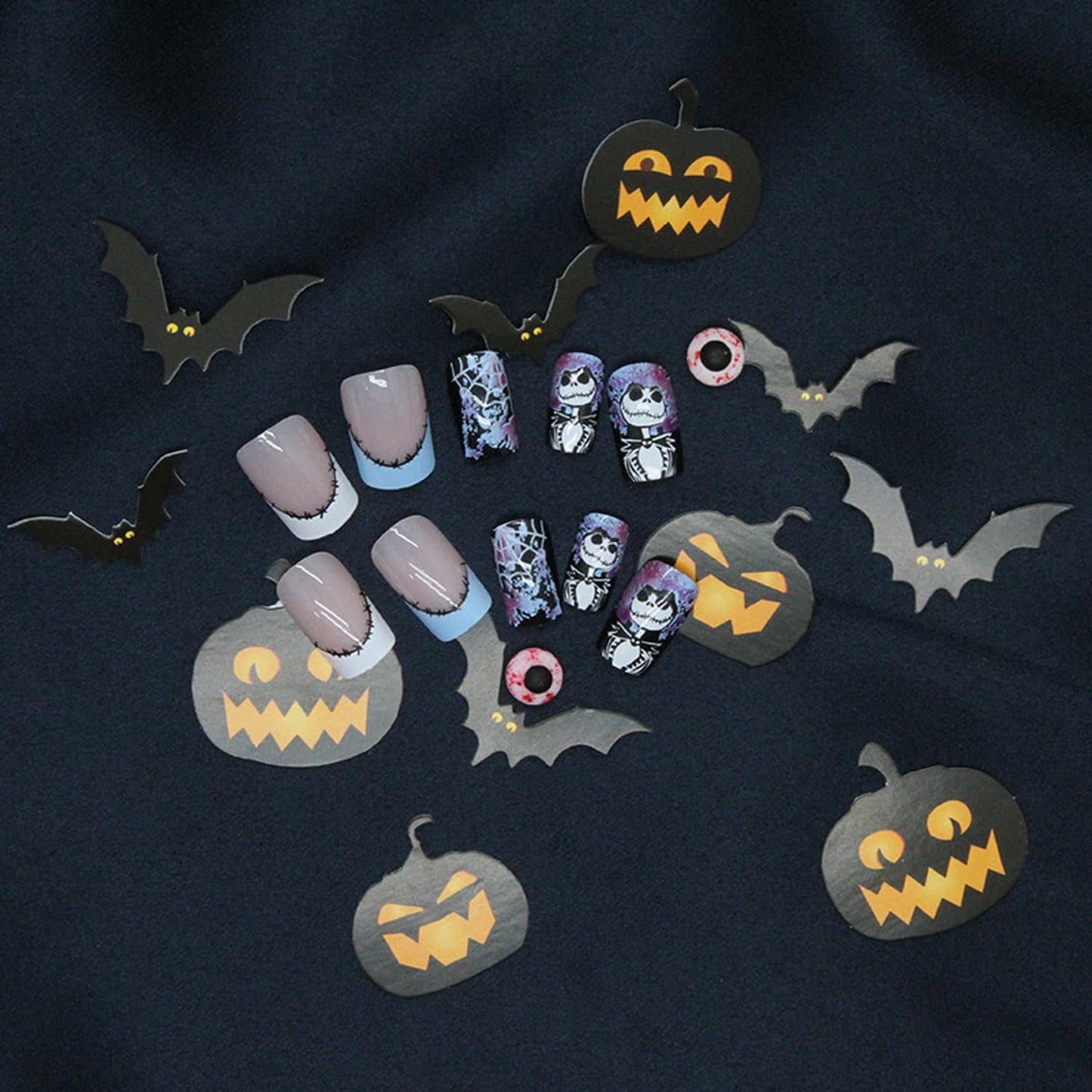 Halloween Press on Nails Medium Square Fake Nails with Spider Web Design Acrylic Nails Nightmare Before Christmas Nails Scary Stick on Nails Holiday French Tip Artificial Nails for Women 24Pcs