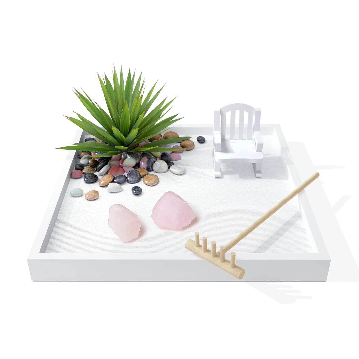 Cularve Zen Garden for Desk – White Modern Style with Healing Crystals and Sand Rake, Perfect for Home, Office, and Desktop Decor, Meditation and Stress Relief