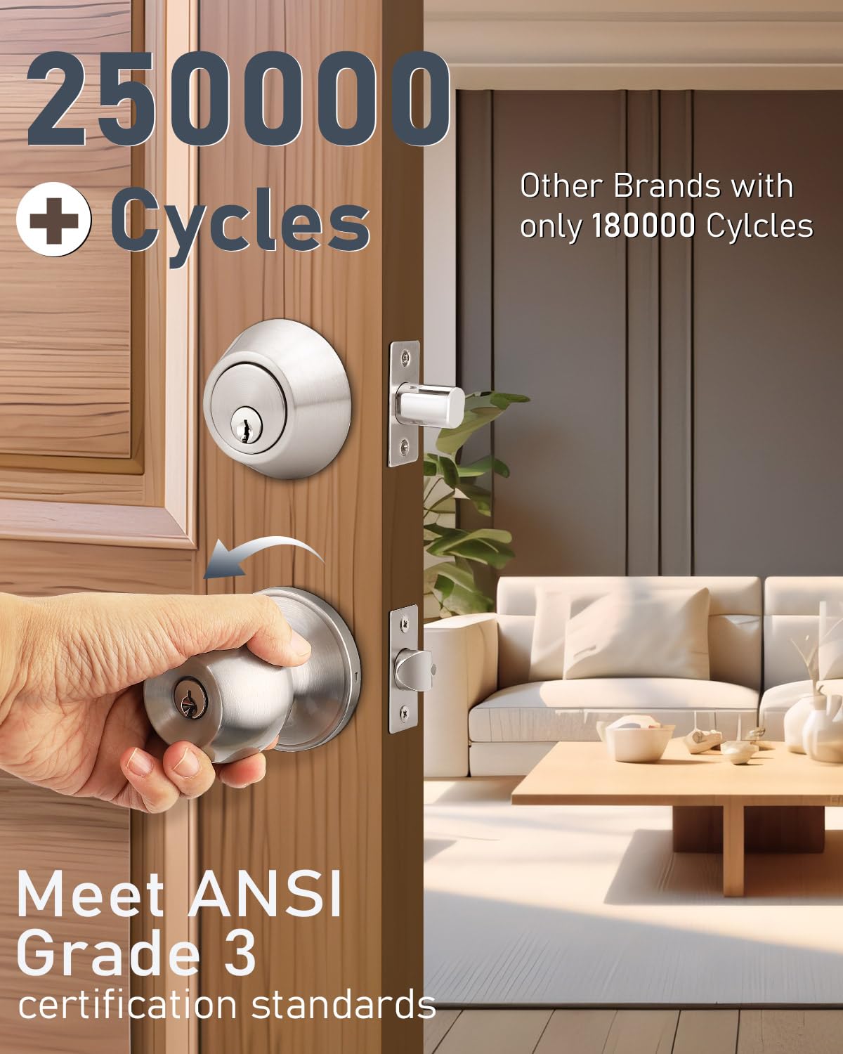 Brotima 4 Pack Keyed Entry Door Knob and Single Cylinder Deadbolt Combination Set in Satin Nickel, Keyed Alike Exterior Knob Door Handle and Deadbolt Lock and Key, Round Locking Lever Handle Set