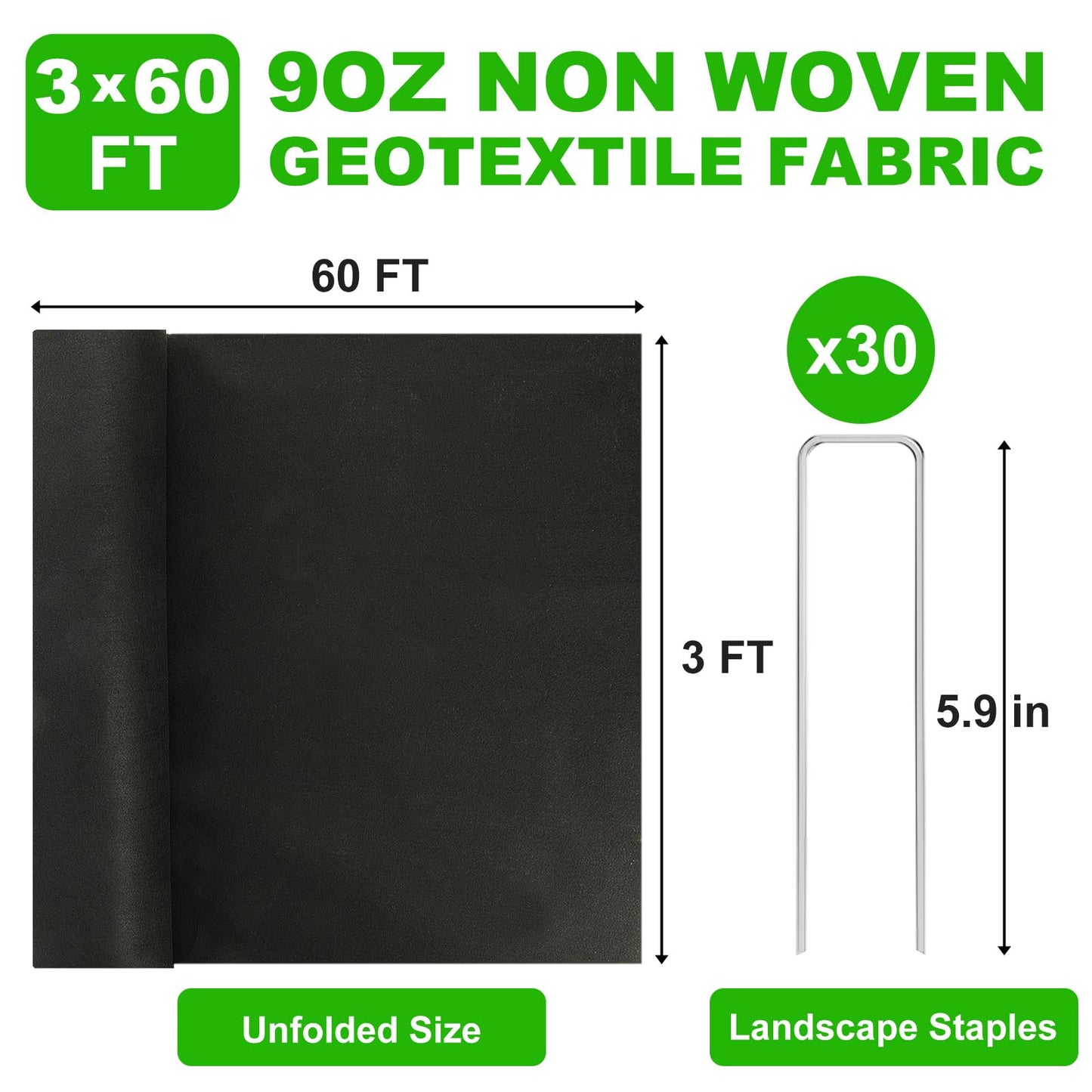 9oz Non Woven Geotextile Fabric for French Drains, 3x60FT High Permeability Drainage Fabric with Stakes Heavy Duty Landscape Fabric for Gravel Grid, Garden, Flower Beds, Weed Control, Erosion Control