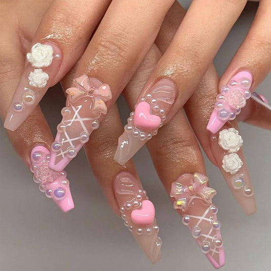 IMRAIN Valentine's Day Press on Nails Long Coffin Fake Nails Pink French Tips Glossy Glue on Nails Full Cover Cute Heart & Bow Designs Artificial Stick on False Nails