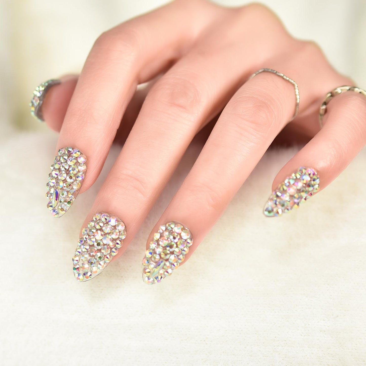 Elevenail Handmade Nails 24pcs Full Cover 3D Rhinestones Press On Nails Almond Medium Length Nails Women Girls Gifts Salon Manicure Shiny Crystal Nail Art Tips Fake Nails Reusable Acrylic False Nails
