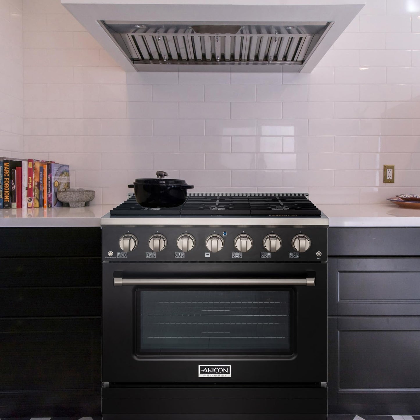 Akicon 36 Inch Freestanding Gas Range - Gas Oven Stove with 6 Sealed Burners, Heavy Duty Cast Iron Grates - 5.2 cu. ft. Capacity Rapid Convection Oven with Porcelain Interior (Black & Stainless Steel)