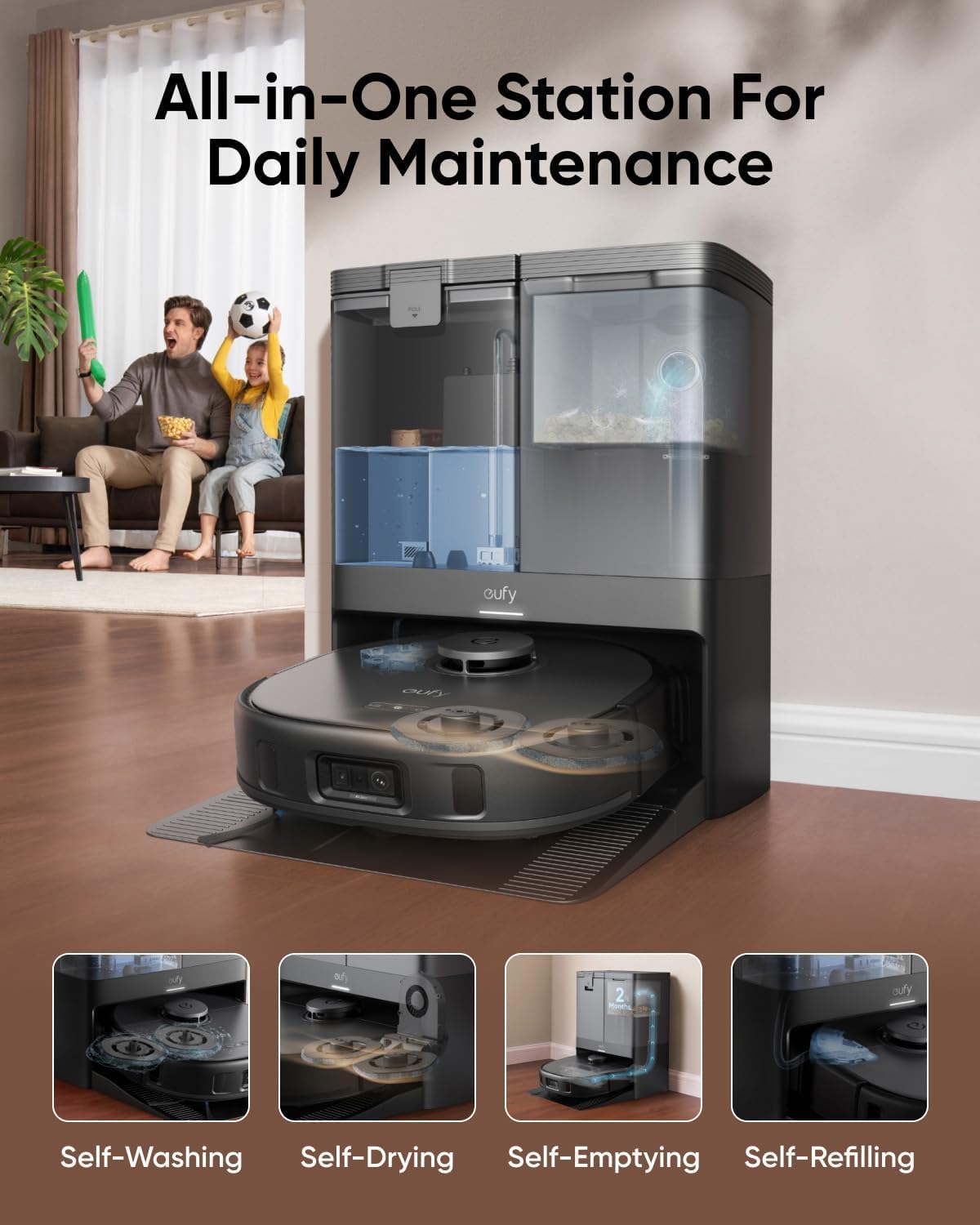 eufy X10 Pro Omni Robot Vacuum and Mop Combo, Incredible Suction, Dual Mops with 12 mm Auto-Lift and Carpet Detection, AI Obstacle Avoidance, Auto Mop Washing&Drying, Self-Emptying, Self-Refilling