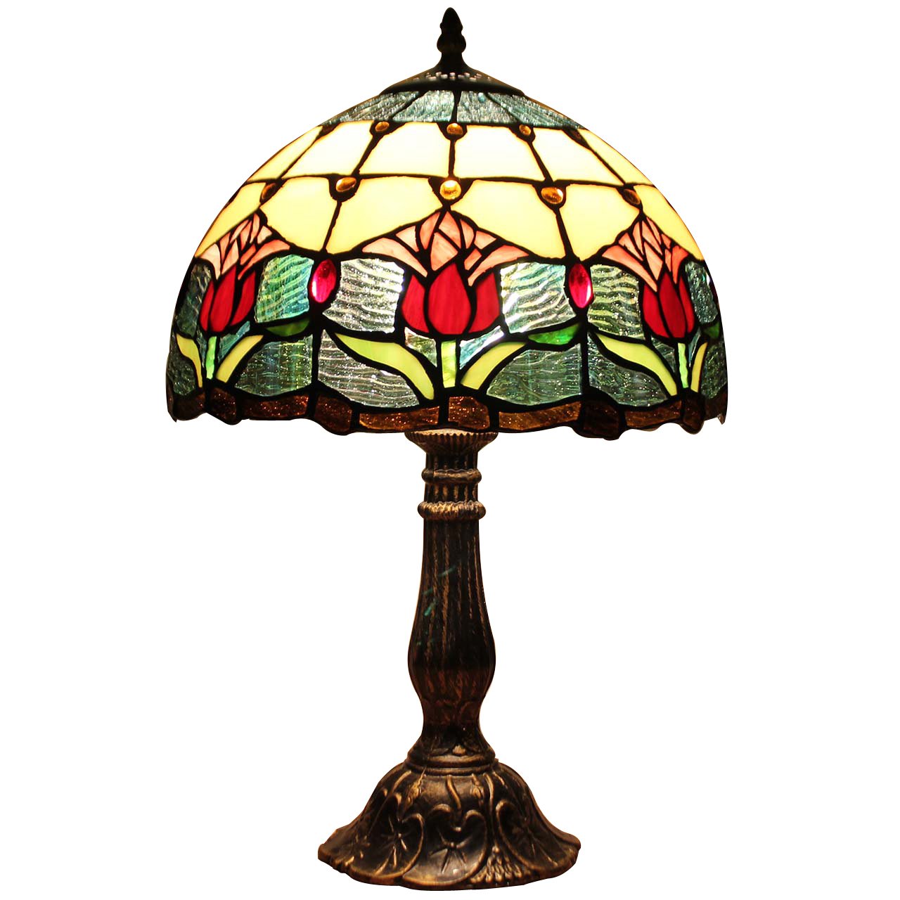 Bieye L10639 Tulip Flower Tiffany Style Stained Glass Table Lamp Night Light with 12 inches Wide Lampshade Metal Base for Bedside Bedroom Living Room, 18 inches Tall