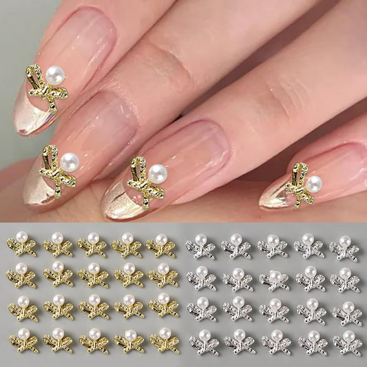 CJDLTS Bow with Pearl Nail Art Accessories Mix Stereo Matel Nails Decoration 30 Pcs Gold & Silver Sweet Bow with Pearl Nail Supplies Suitable Women Daily Manicure Decoration