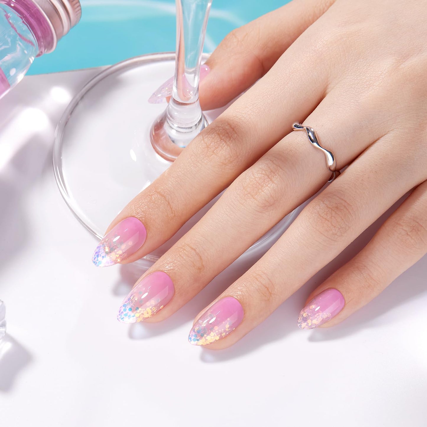 VSALON Almond Short Press On Nails, Summer Pastel Pinky Purple Ombre Blue Sparkle Confetti Sheer False Nails, Reusable Soft Gel Fake Nails with Glue & Cuticle Oil - 32 PCS in 16 Sizes