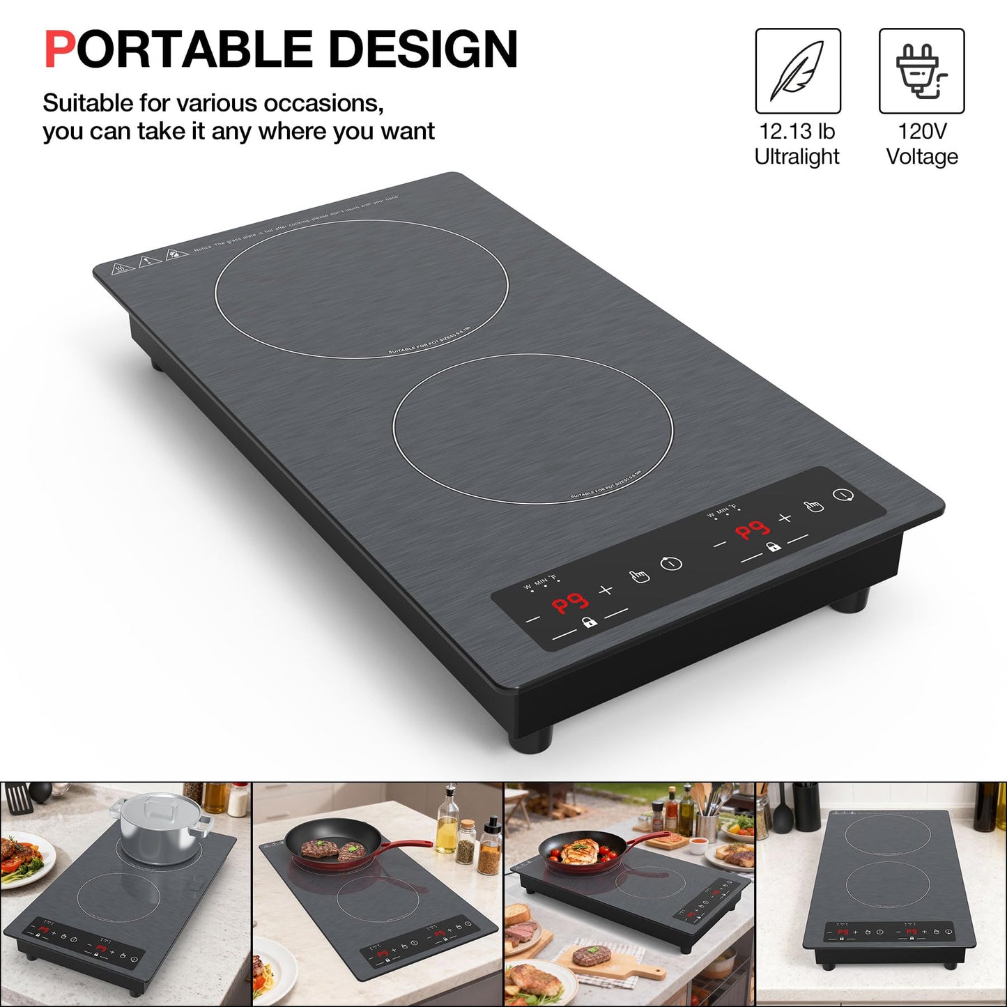 Double Induction Cooktop 110v-120v, GTKZW 2300W Electric Cooktop 20 inch Hot Plate Electric Stove Top with Plug in, Built-in and Countertop, 9 Power Levels, Timer & Safety Lock