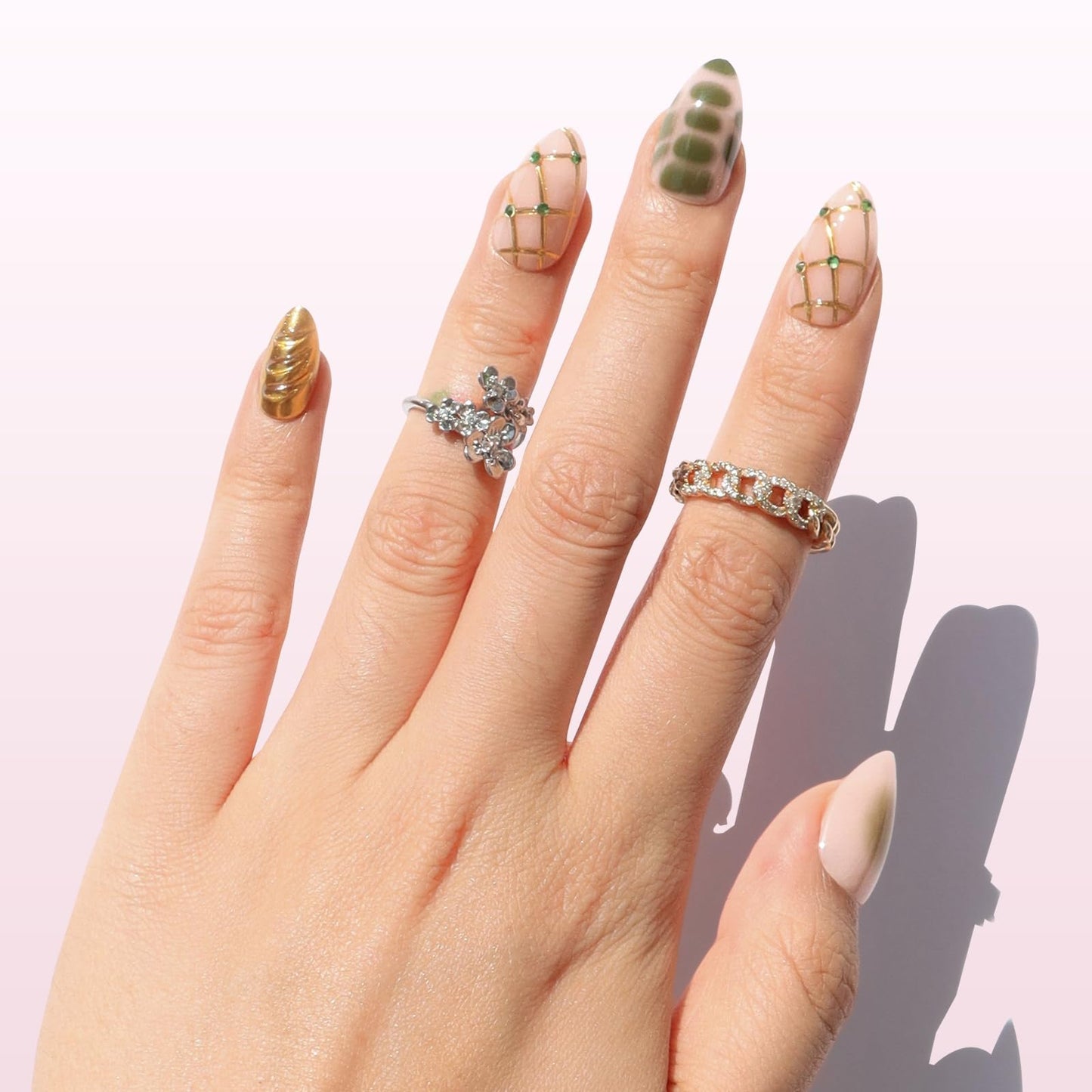 Nail Reformation Press On Nails, Treasure Lines | Short Almond Fake Nails in Jade Green with Jewel Gold Accents in Glossy Finish, Reusable Stick On Nails in 16 Sizes - 32 Nail Kit for Women Gifts