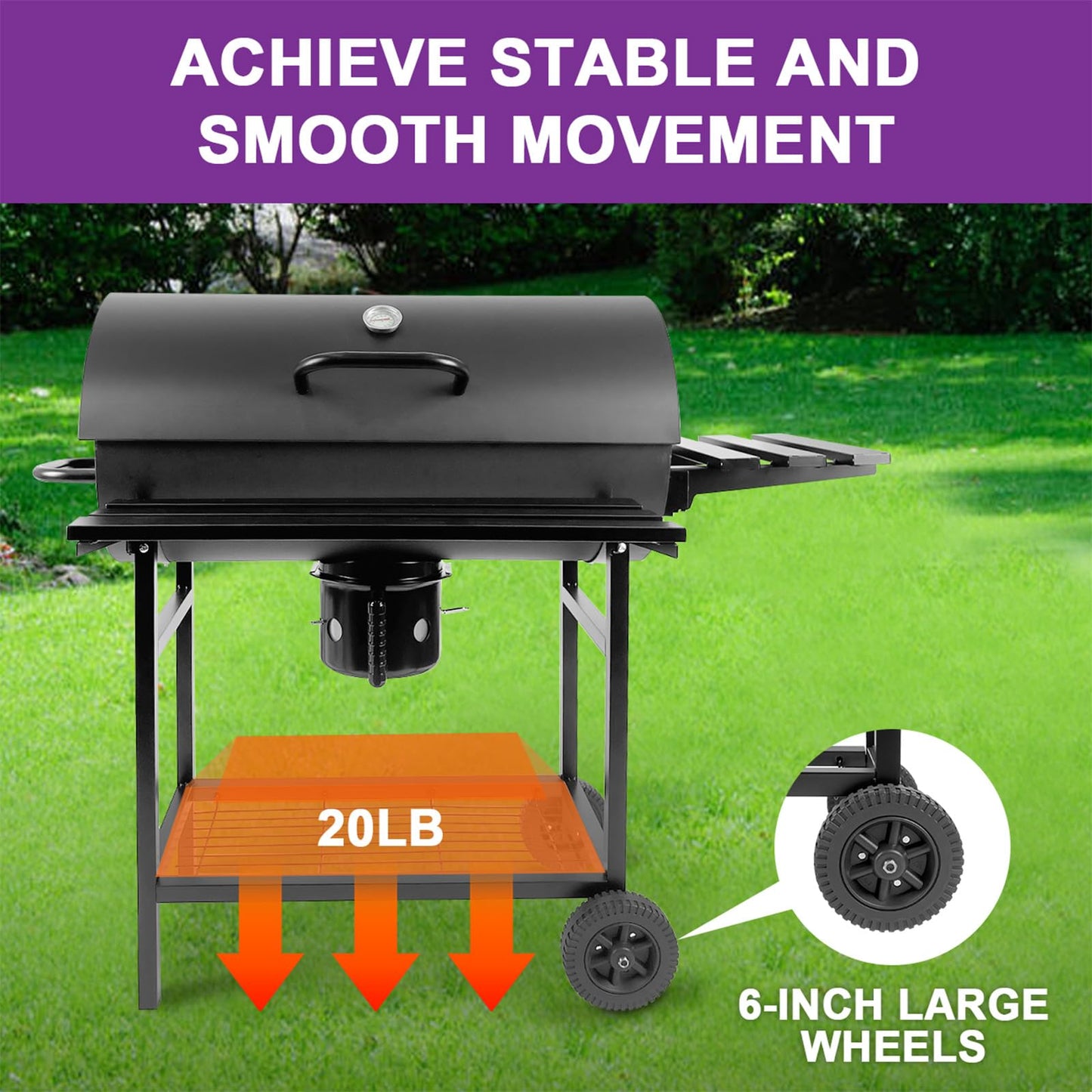 HALNYHYFD Charcoal BBQ Grill with Thermometer & Foldable Side Table, 565 sq in Cooking Space Large Charcoal Grills, Barrel Charcoal Grills for Backyards Picnic Cookouts